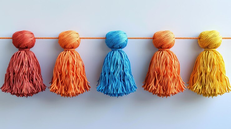 Tassel garland in bright colors hanging against a white backdrop 4k ultra hd