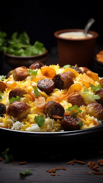 Taste harmony Appetizing pilaf displayed up close a balance of rice meat and dried fruits Vertica