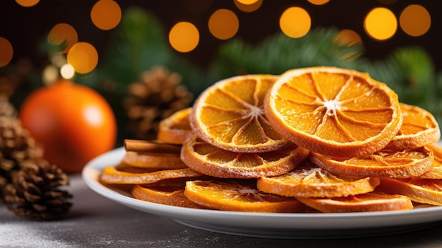크리스마스의 축제 배경으로 전통적인 카라멜화 된 오렌지 슬라이스를 특징으로하는 휴일 시즌의 맛