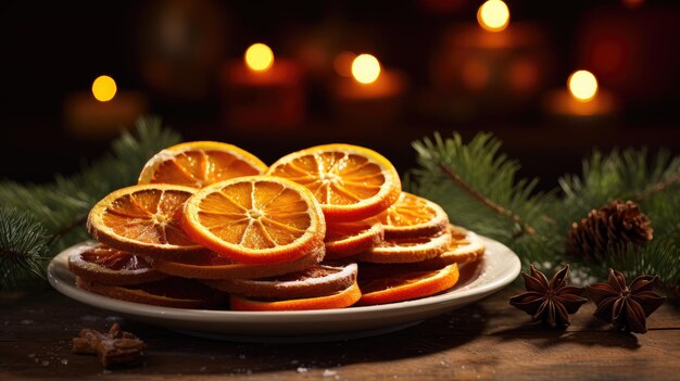 クリスマスの風景 伝統的なカラメライズされたオレンジのスライスとスパイスのヒント