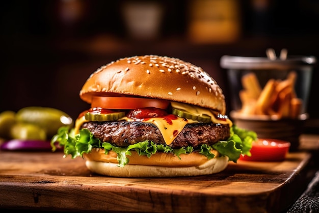 Taste isolated burger on a wooden plate