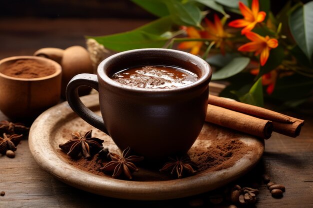 Photo a taste of mexico unveiling the rich flavors of cafe de olla served in a jarrito on a rustic woode