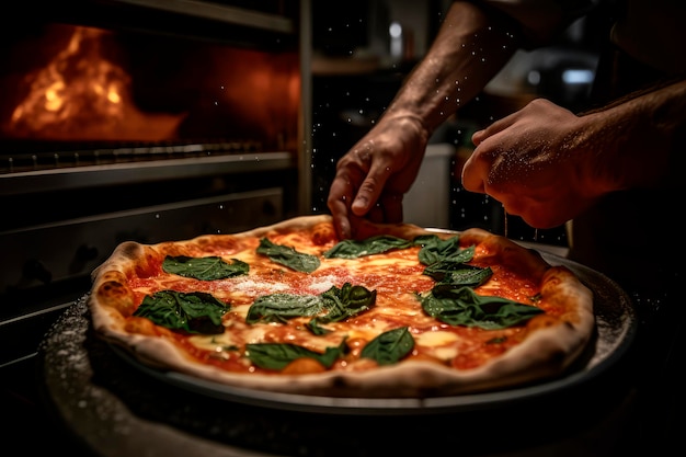 Taste of Italy Een pizzaiolo-kok uit Napels presenteert een heerlijke gloeiend hete pizza-kopieerruimte