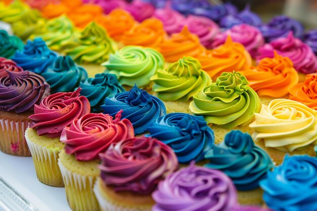 Foto gustate le colorate creazioni di cupcake dell'arcobaleno