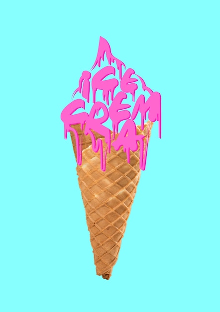 Taste of summer, melting ice. A fruit sweet icecream in horn as a pink colored words against blue background. Modern design. Lettering, art collage. Concept of food, sweets, summertime, delicious.