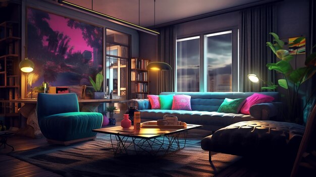 Tasteful room with navy and neon accents generated by AI