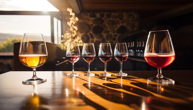 Tasting of different fortified wines in glasses at winery restaurant or bar