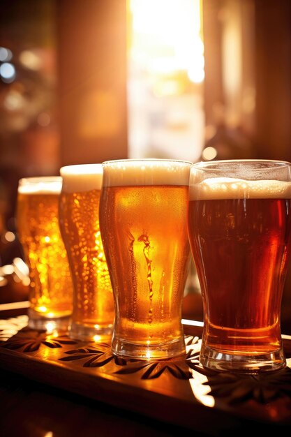 Tasting set of different types of beer on a wooden table