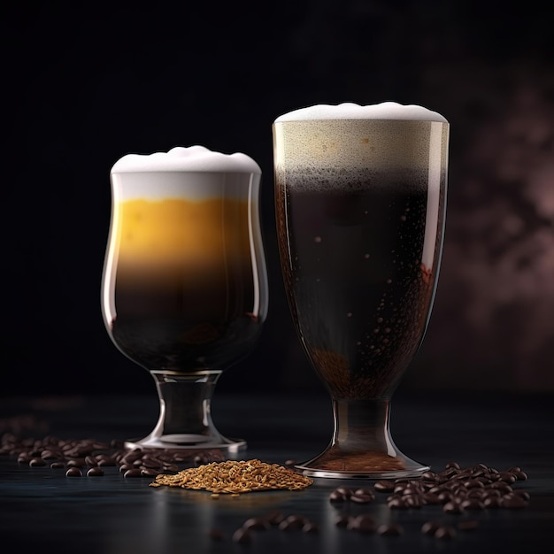 Фото Вкусная американская пивная композиция два стакана черного и золотого пива