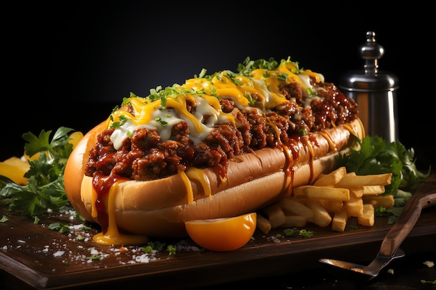 a tasty american hotdog juicy and colorful with luxury background