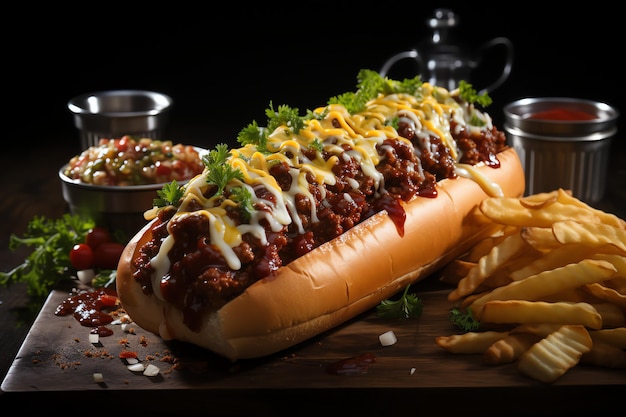 a tasty american hotdog juicy and colorful with luxury background