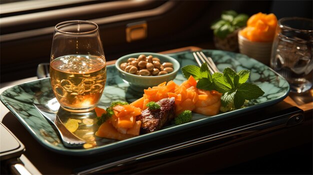 Photo tasty appetizer on the table in the passenger compartment of the plane