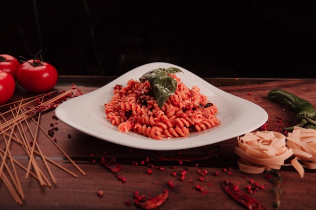 Foto pasta italiana classica saporita e appetitosa con una salsa deliziosa