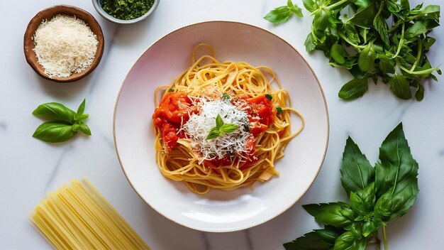 Tasty appetizing classic italian spaghetti pasta with tomato sauce cheese parmesan and basil on pl