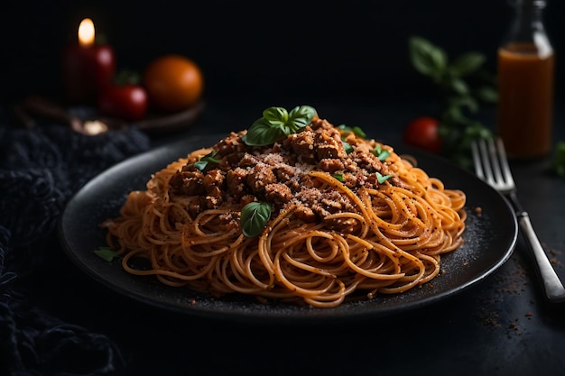 Tasty appetizing classic italian spaghetti pasta with tomato sauce cheese parmesan and basil on pla