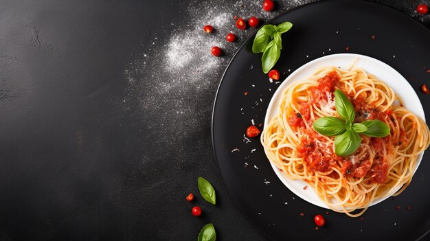 Tasty appetizing classic italian spaghetti pasta with tomato sauce cheese top view generative ai