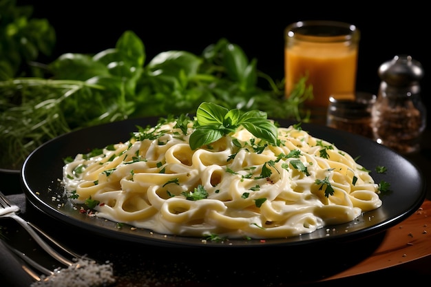 暗い背景においしいソースがかかったおいしい食欲をそそる古典的なパスタ