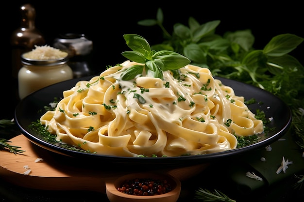 Tasty appetizing classic pasta with a delicious sauce on a dark background