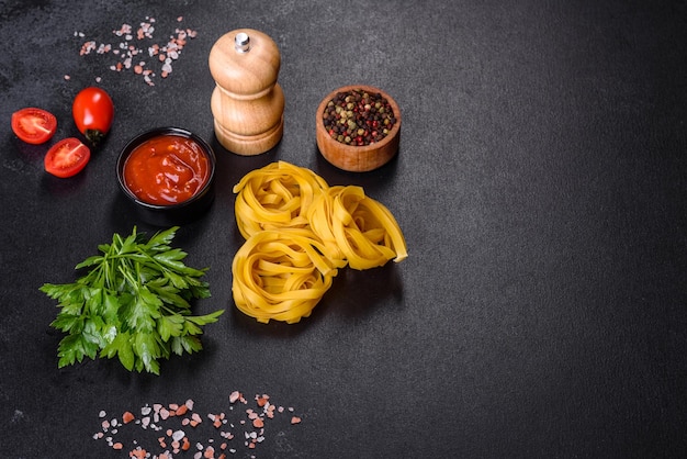 Tasty appetizing pasta tagliatelle spaghetti with tomato sauce and parmesan