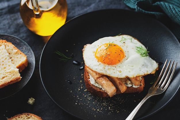 Tasty appetizing sandwich with chicken chunks and fried egg served on plate on dark surface