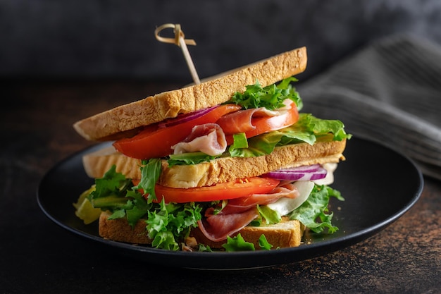 Tasty appetizing sandwich with ham and vegetables served on plate