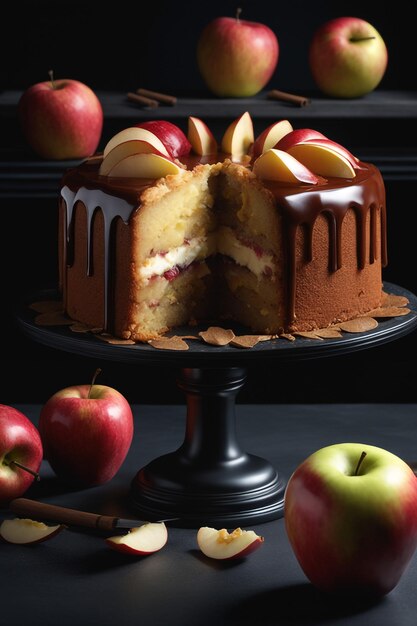 Tasty apple cake on black background mid frame center shot