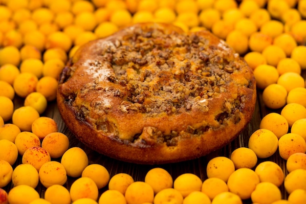 Tasty apricot pie on wooden background