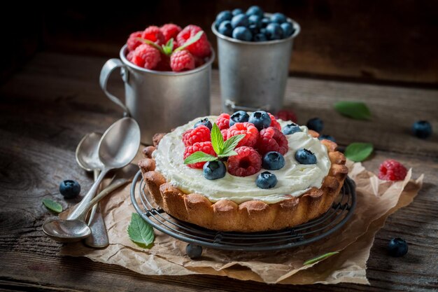 Tasty and aromatic tart with mascarpone cheese and fruit