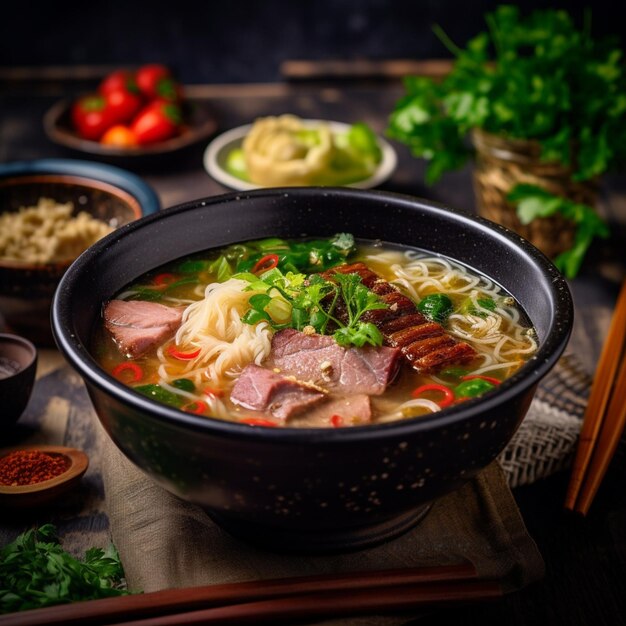 Tasty asian classic soup with noodles and meat