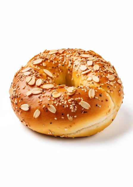 Tasty bagel with seeds on the white background