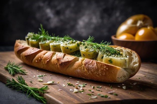 Tasty baguette with garlic and dill closeup