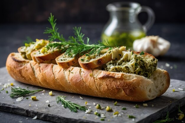 Tasty baguette with garlic and dill closeup