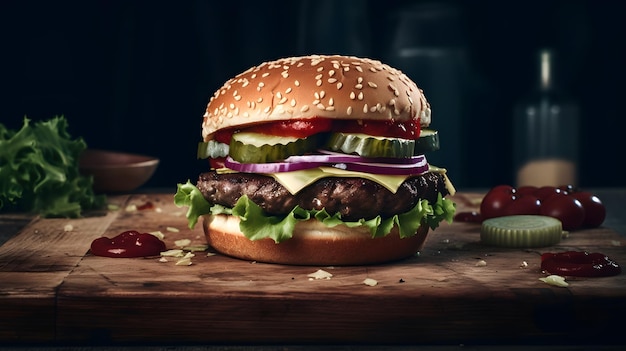 Photo tasty beef burger with cheese and salad dark wood background