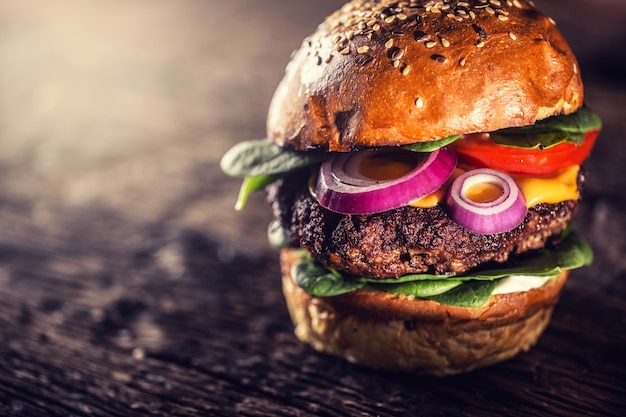 Tasty beef burger with spinach leaves salad onion tomato and cheese.