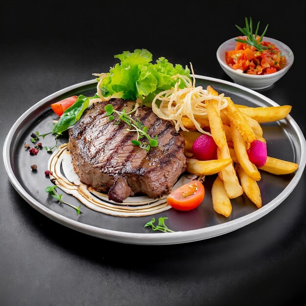 Tasty beef steak with French fries