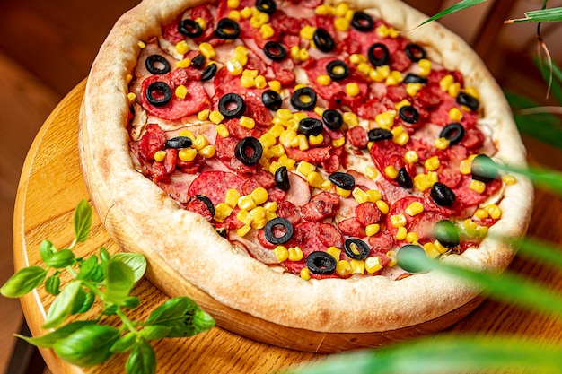 Tasty and big pizza with different types of meat Pizza with sausage ham corn and olives