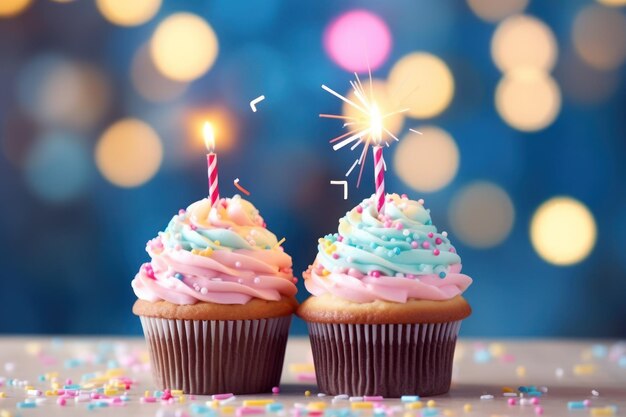 Tasty birthday cupcakes with candles on stand against blurred lights closeup