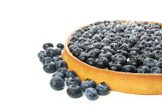 Tasty blueberry pie isolated on white table