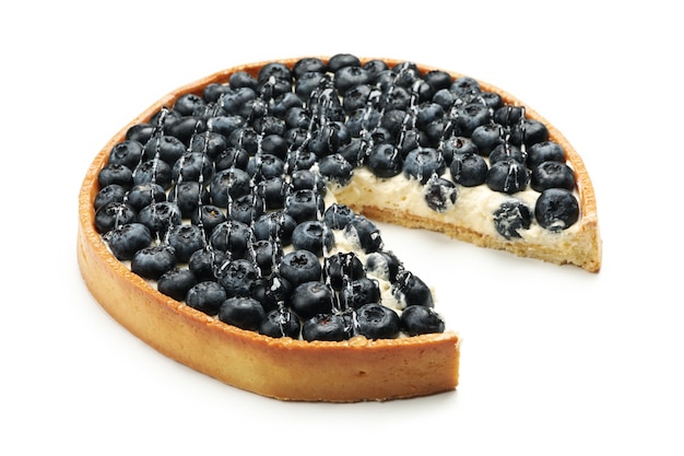 Tasty blueberry pie isolated on white table