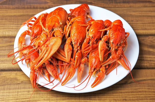 Tasty boiled crayfishes on a white plate