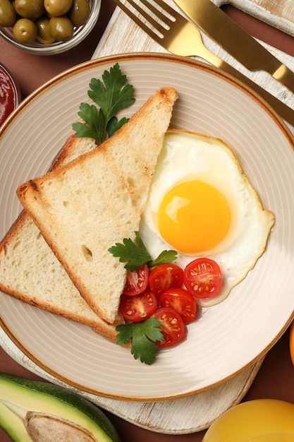 갈색 배경 평면도에 맛있는 아침 식사 구성