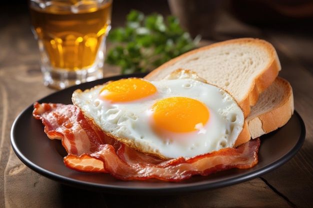 Tasty breakfast fried eggs with fried bacon and toasted bread in plate on wooden table