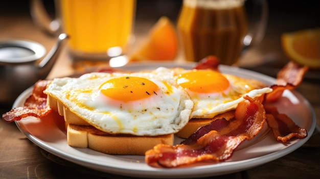 Tasty breakfast fried eggs with fried bacon and toasted bread in plate on wooden table