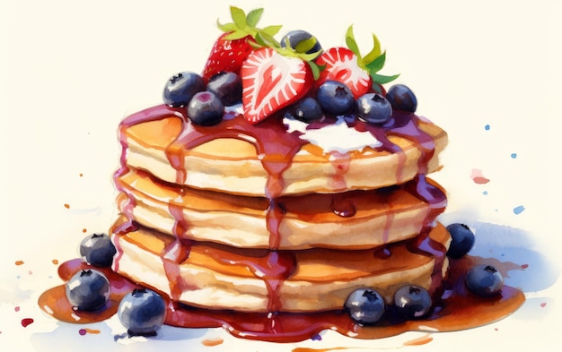 Tasty Breakfast Pancakes with Maple Syrup Fresh Strawberries and Blueberries AI generate