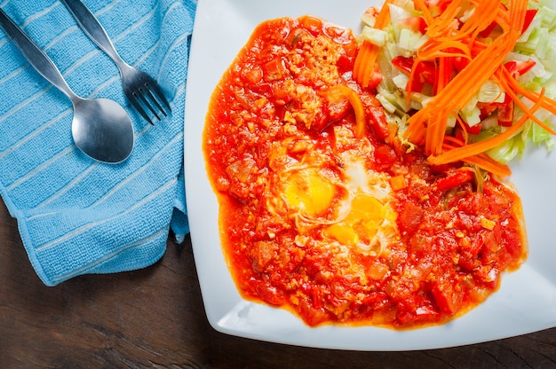 Photo tasty breakfast shakshuka in white plate