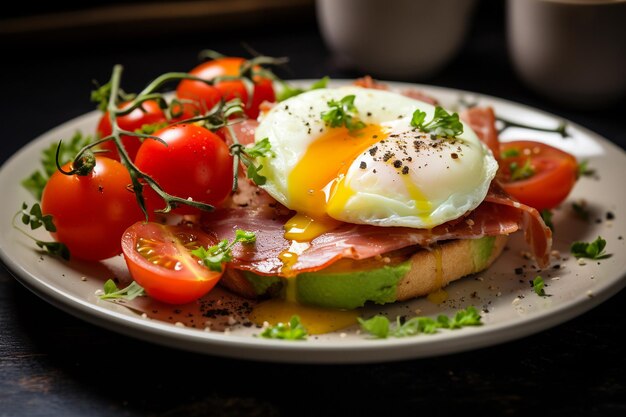 Tasty breakfast with eggs cheese and ham tomato avocado