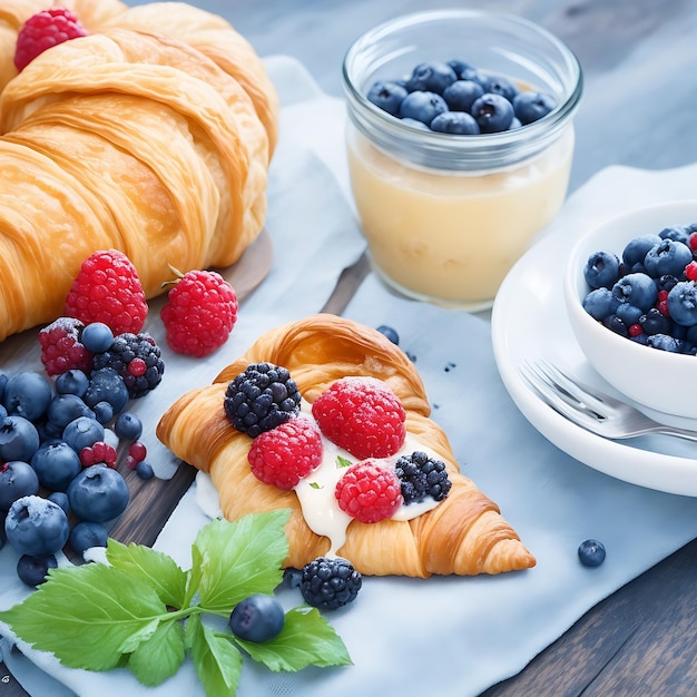 Photo tasty breakfast with fresh croissants and ripe berries on vintage wooden backdrop