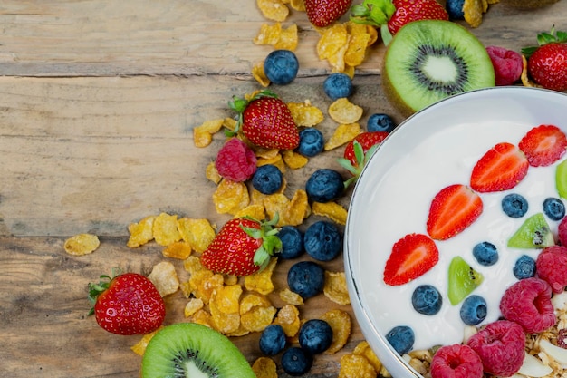 Tasty breakfast on the wooden table