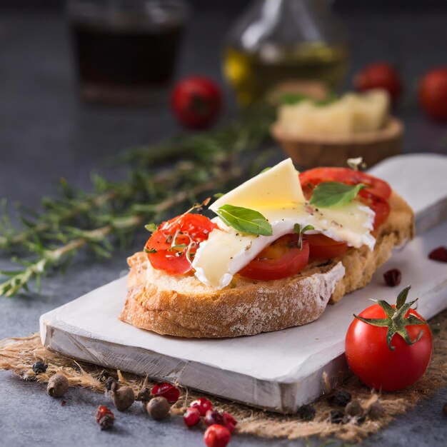 Foto bruschetta gustosa con pomodori e basilico