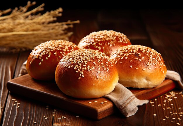 Tasty buns with sesame on wooden background